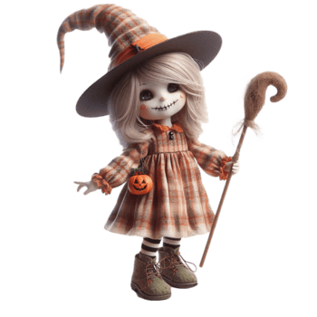 uma lindo boneca com uma bruxa chapéu, abóbora lado bolsa, e uma Magia vassoura para dia das Bruxas Projeto. png