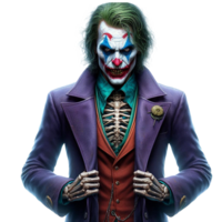 A Halloween joker with a scare clown face and a purple jacket with a skull on it. png