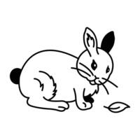Doodle style icon of sitting rabbit playing with leaf vector