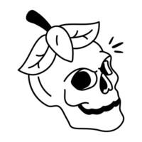 Drawing style icon of spooky skull with dried leaves on it vector