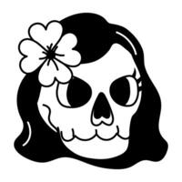 Muertos girl with a flower on head, doodle icon vector