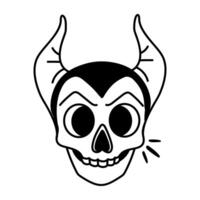 Horned skull with a creepy smile, doodle icon vector