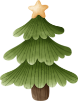 Simple cartoon style christmas tree It has a classic triangular shape with brown stems and lush green leaves. The tree has a gold star on top. The overall style is quirky and cheerful. png