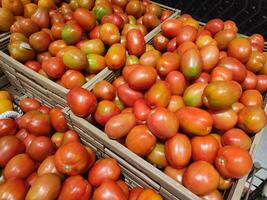 Crates of tomato sold in a supermarket photo