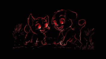 Neon frame effect, puppy and kitten playing together on black background video