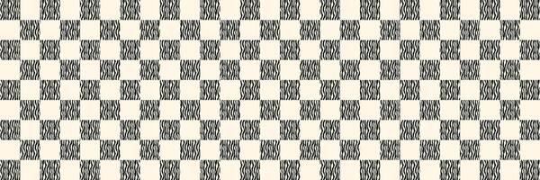 Black and beige checkerboard pattern with wavy stripes on alternating squares. Seamless geometric design for print and digital projects. vector