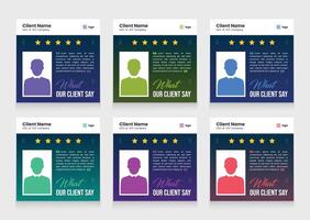Clean and modern client testimonial banner set template. customer review social media post bundle carousel template design vector
