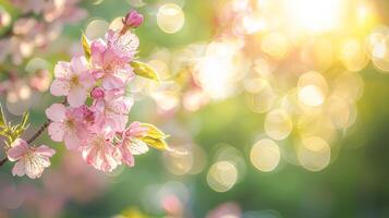 cherry blossoms blooming in sunny weather with warm light and bokeh background photo