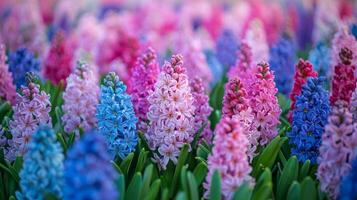 Red, purple and pink flowers are neatly arranged in the garden photo