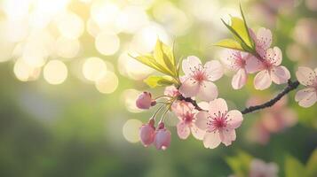 cherry blossoms blooming in sunny weather with warm light and bokeh background photo