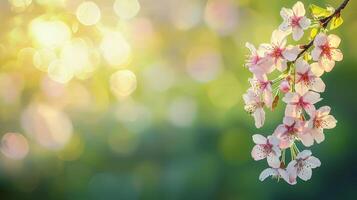 cherry blossoms blooming in sunny weather with warm light and bokeh background photo