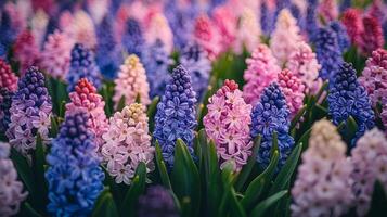 Red, purple and pink flowers are neatly arranged in the garden photo