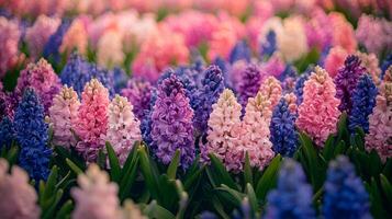 Red, purple and pink flowers are neatly arranged in the garden photo