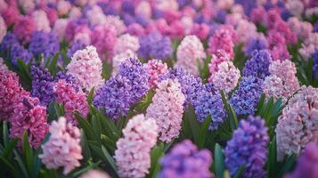 Red, purple and pink flowers are neatly arranged in the garden photo