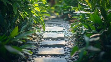 The neatly arranged rocky paths are surrounded by neat and beautiful green plants photo