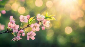 cherry blossoms blooming in sunny weather with warm light and bokeh background photo