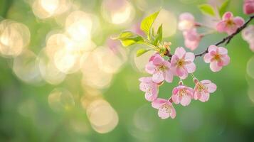 cherry blossoms blooming in sunny weather with warm light and bokeh background photo