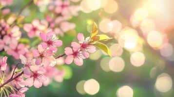cherry blossoms blooming in sunny weather with warm light and bokeh background photo
