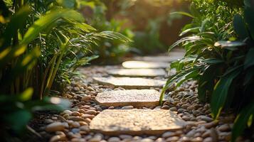 The neatly arranged rocky paths are surrounded by neat and beautiful green plants photo