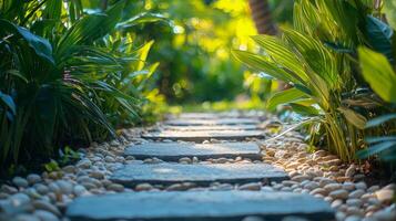 The neatly arranged rocky paths are surrounded by neat and beautiful green plants photo