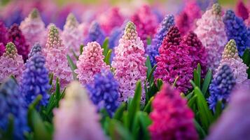 Red, purple and pink flowers are neatly arranged in the garden photo