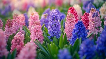Red, purple and pink flowers are neatly arranged in the garden photo