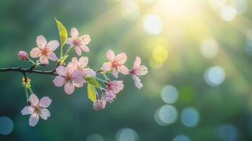cherry blossoms blooming in sunny weather with warm light and bokeh background photo