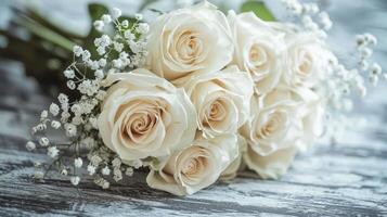 beautiful white roses on a wooden table photo
