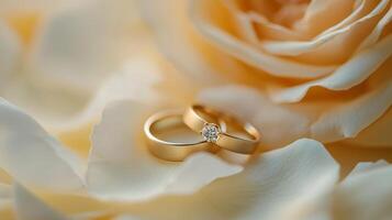 Elegant wedding ring set with soft and beautiful pink roses photo