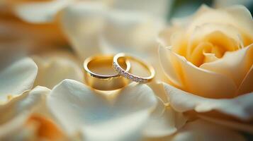 Elegant wedding ring set with soft and beautiful pink roses photo