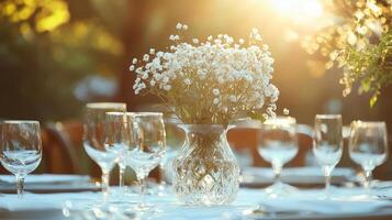 White Flower Decoration and champagne glasses on the table. wedding, reception photo