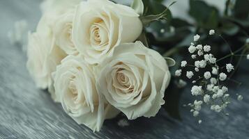 beautiful white roses on a wooden table photo