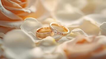 Elegant wedding ring set with soft and beautiful pink roses photo