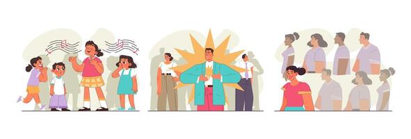 Uniqueness and individuality set. Character standing out from the crowd vector