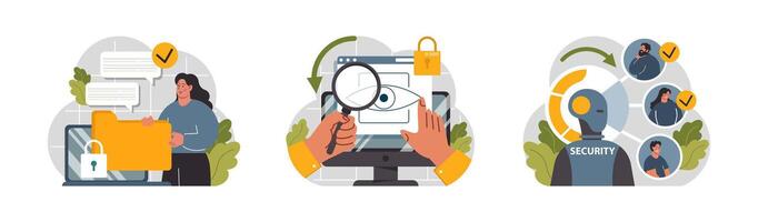 Cyber or web security set. Artificial intelligence provide data protection vector