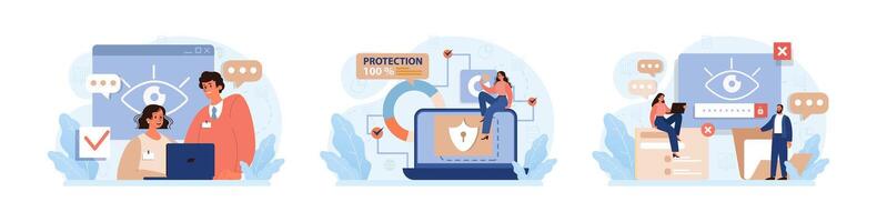 Cyber or web security set. Artificial intelligence provide data protection vector