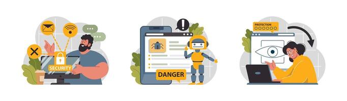 Cyber or web security set. Artificial intelligence provide data protection vector