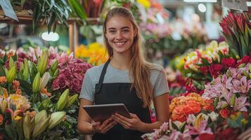 a smiling woman is in a flower shop photo
