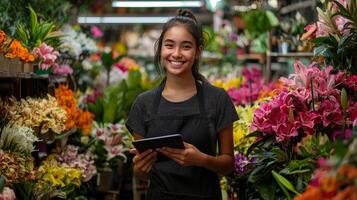 a smiling woman is in a flower shop photo