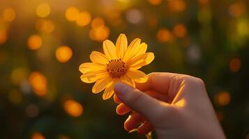A woman holds a stalk of orange flowers, symbolizing hope. photo
