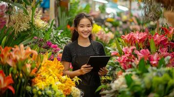 a smiling woman is in a flower shop photo