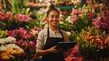 a smiling woman is in a flower shop photo