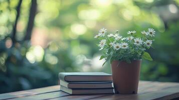 books and vases are on the table. the concept of time to relax photo