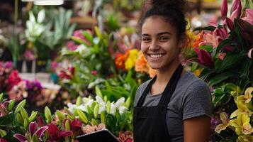 a smiling woman is in a flower shop photo