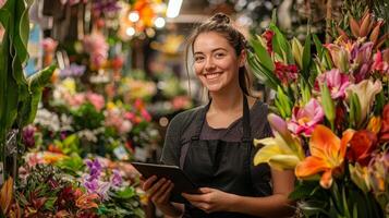 a smiling woman is in a flower shop photo