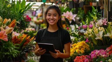 a smiling woman is in a flower shop photo