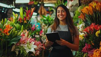 a smiling woman is in a flower shop photo