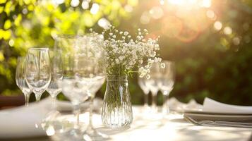 White Flower Decoration and champagne glasses on the table. wedding, reception photo