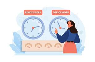 Hybrid work. Characters with a flexible schedule, working from office vector
