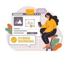 Hybrid work. Characters with a flexible schedule, working from office vector